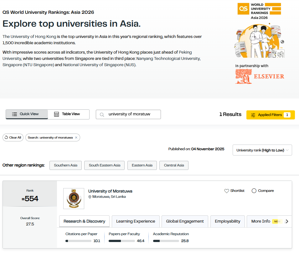 QS Asia University Rankings 2026 - University of Moratuwa