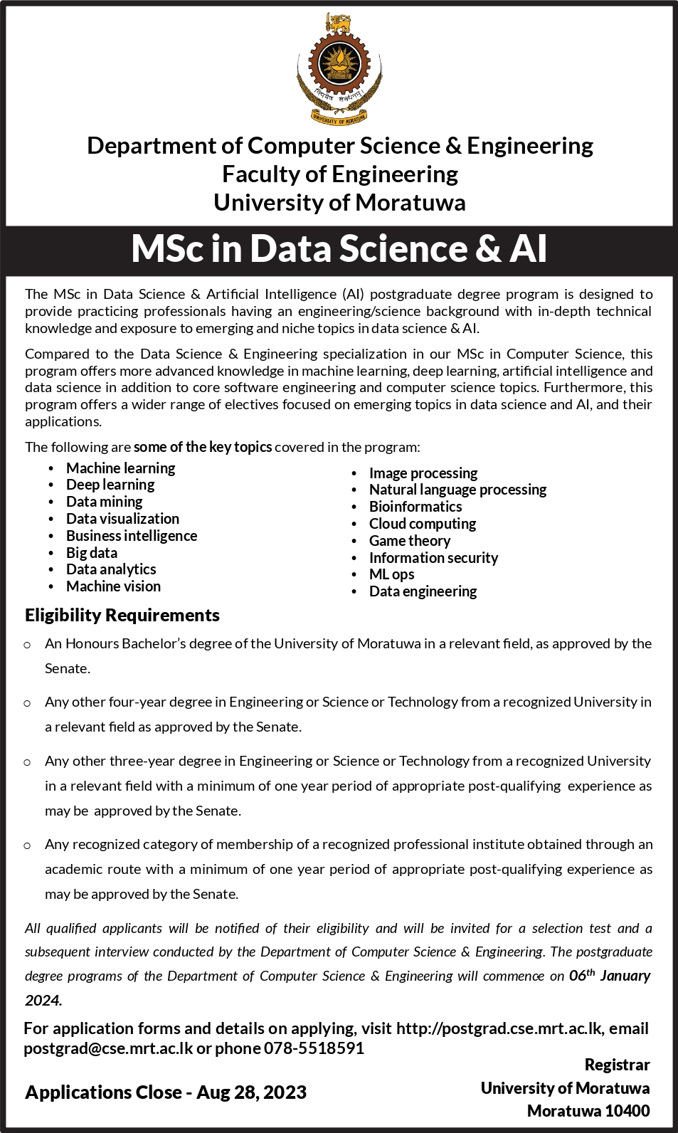 MSc in Data Science & AI University of Moratuwa