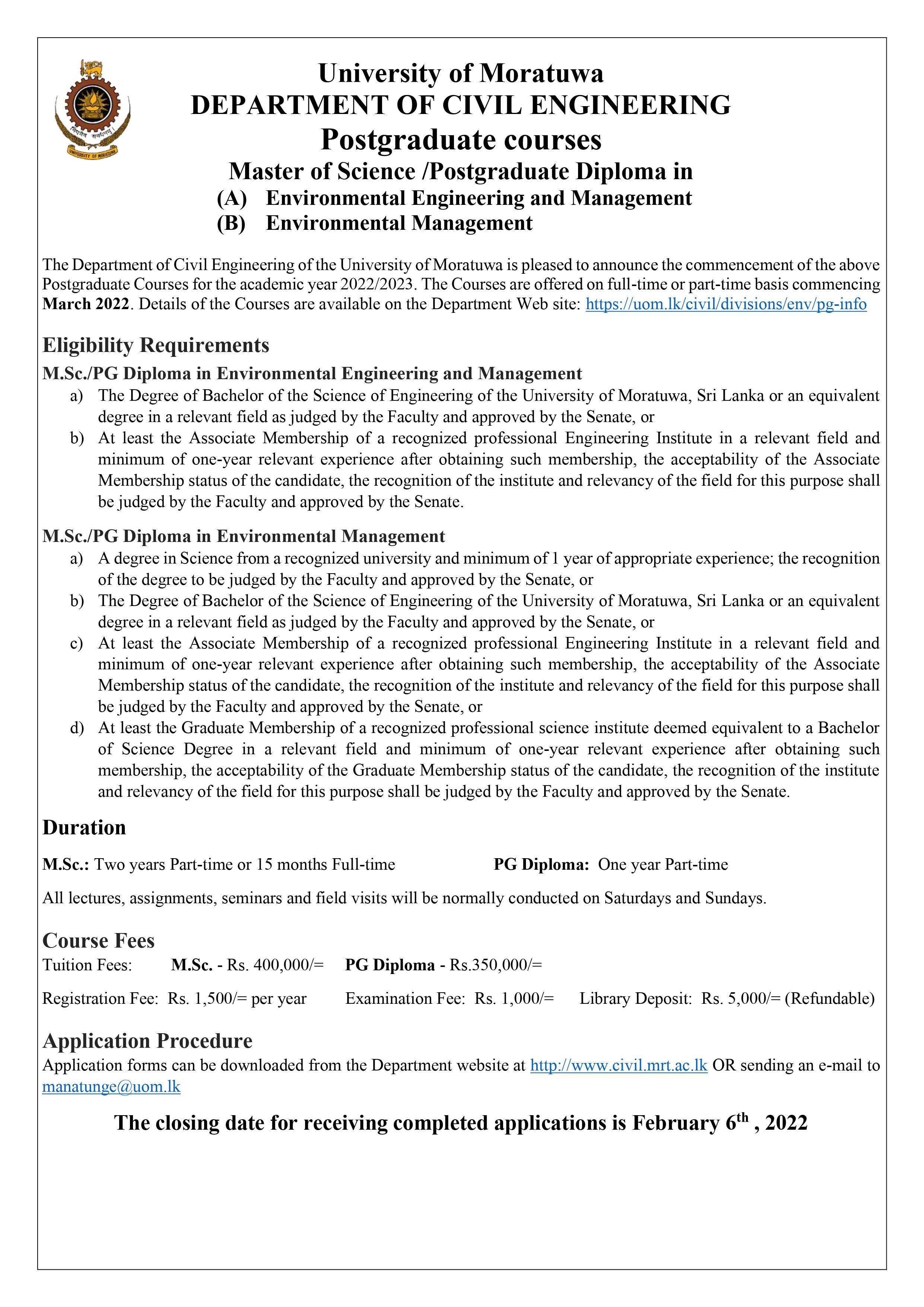 MSc/PG Dip in Environmental Management/Environmental Engineering and Management 2022