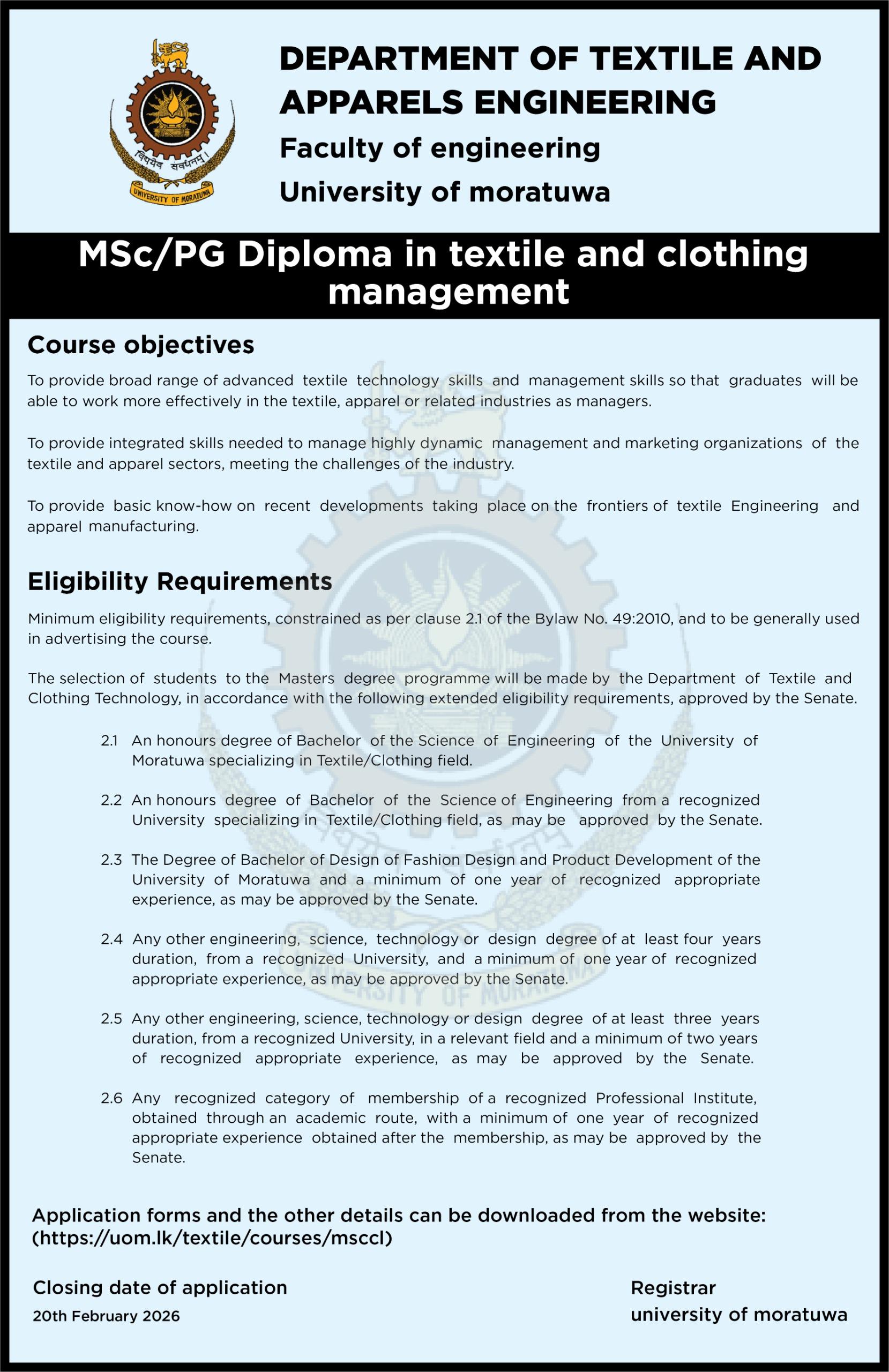 M.Sc./PG. Diploma in Textile and Clothing Management