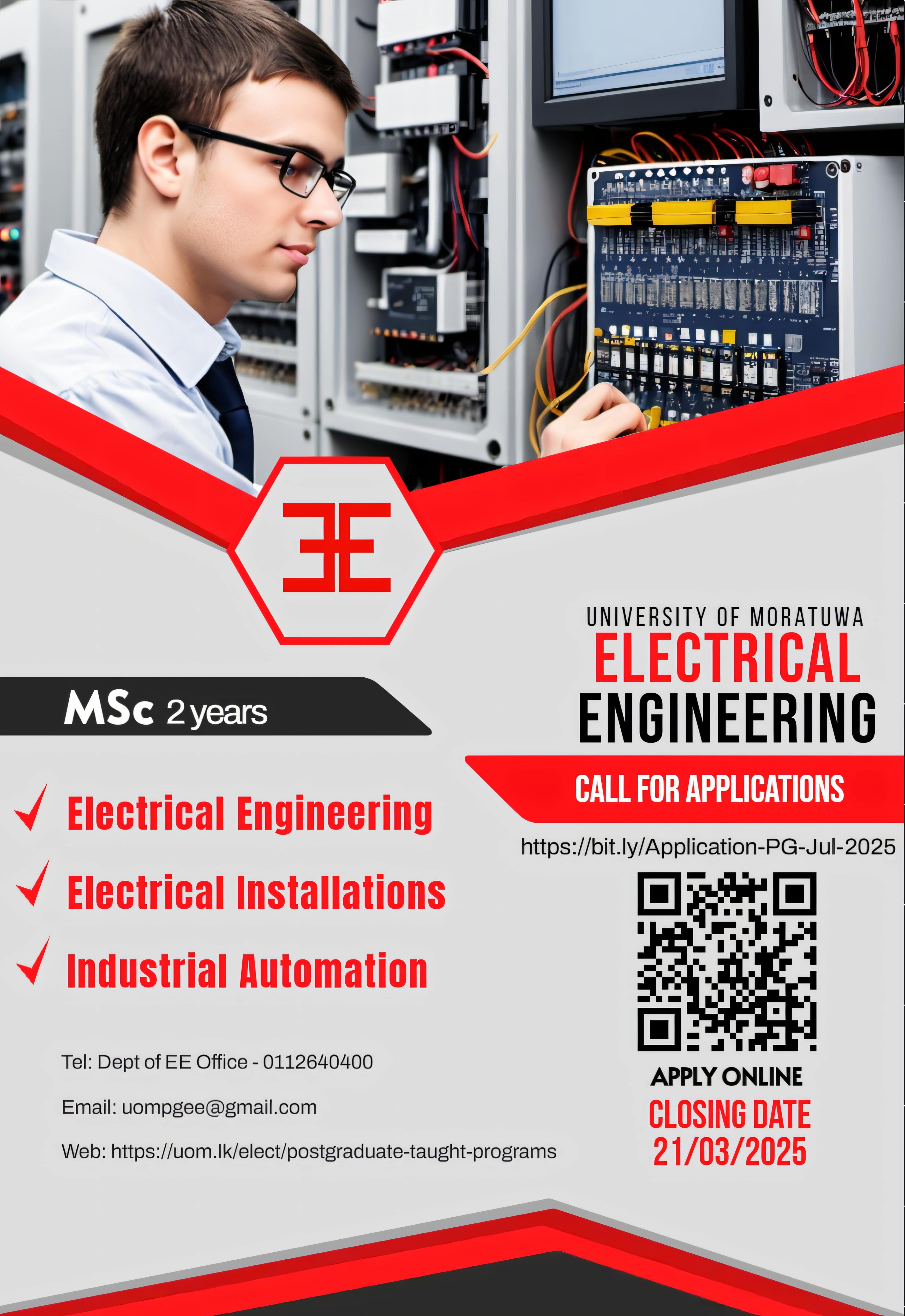 MSc in Electrical Engineering/Electrical Installations/Industrial Automation, PGC in Industrial Automation