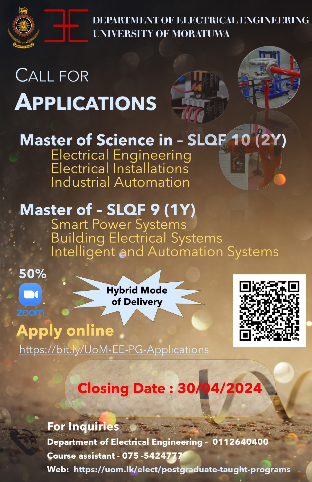 Master of Science in Electrical Engineering, Electrical Installations, and Industrial Automation (SLQF – L10, 2 years)