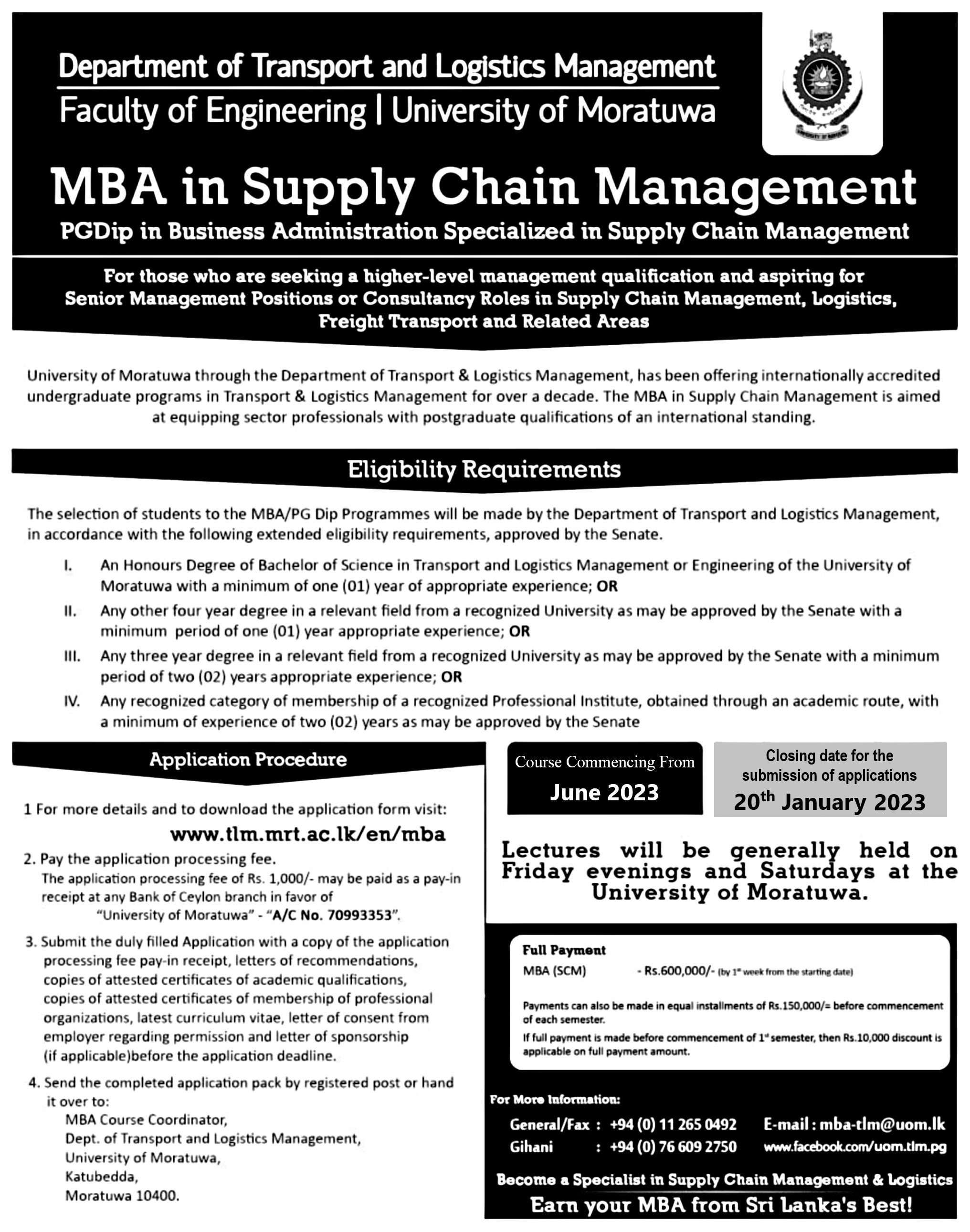 MBA in Supply Chain Management 2023 Intake