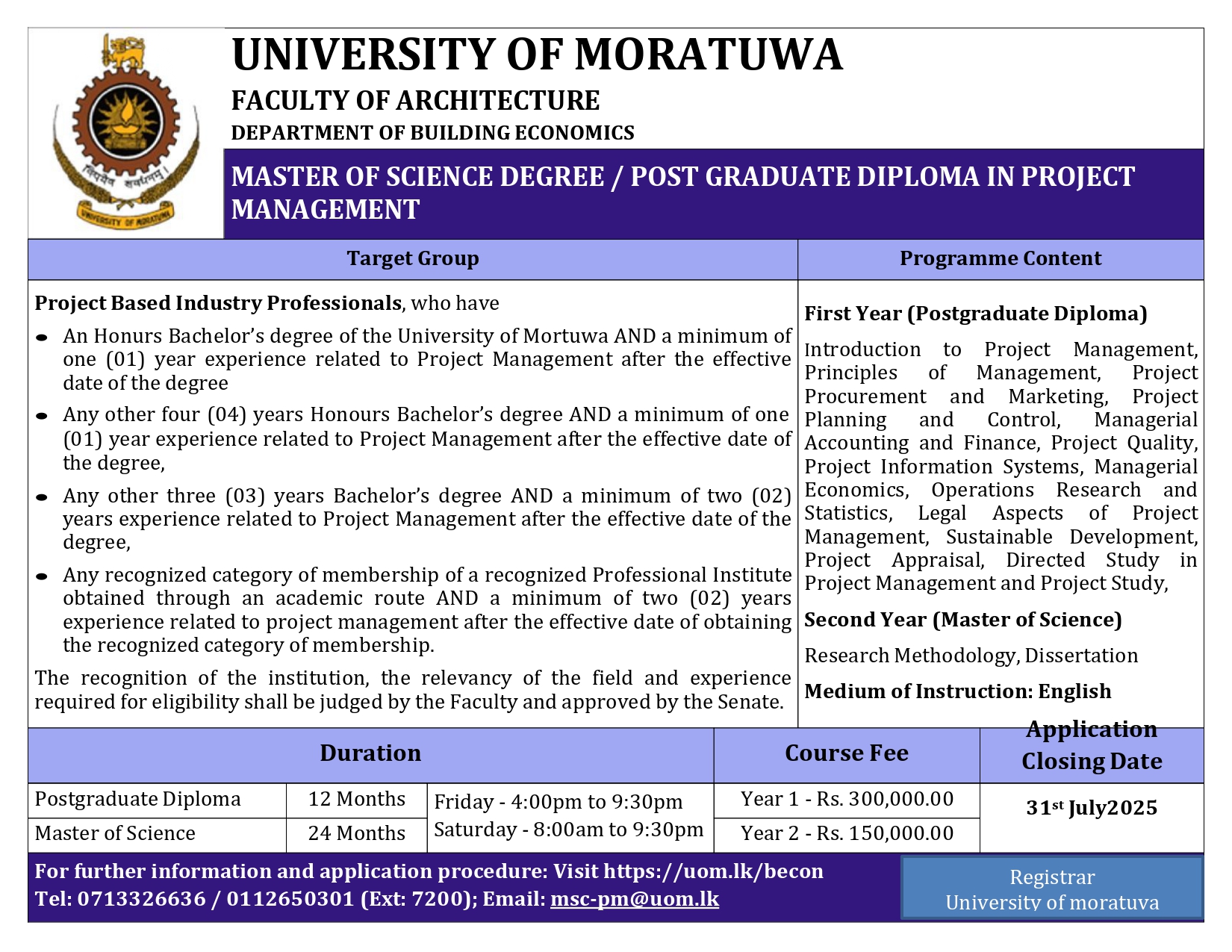 MSc/PG Diploma in Project Management