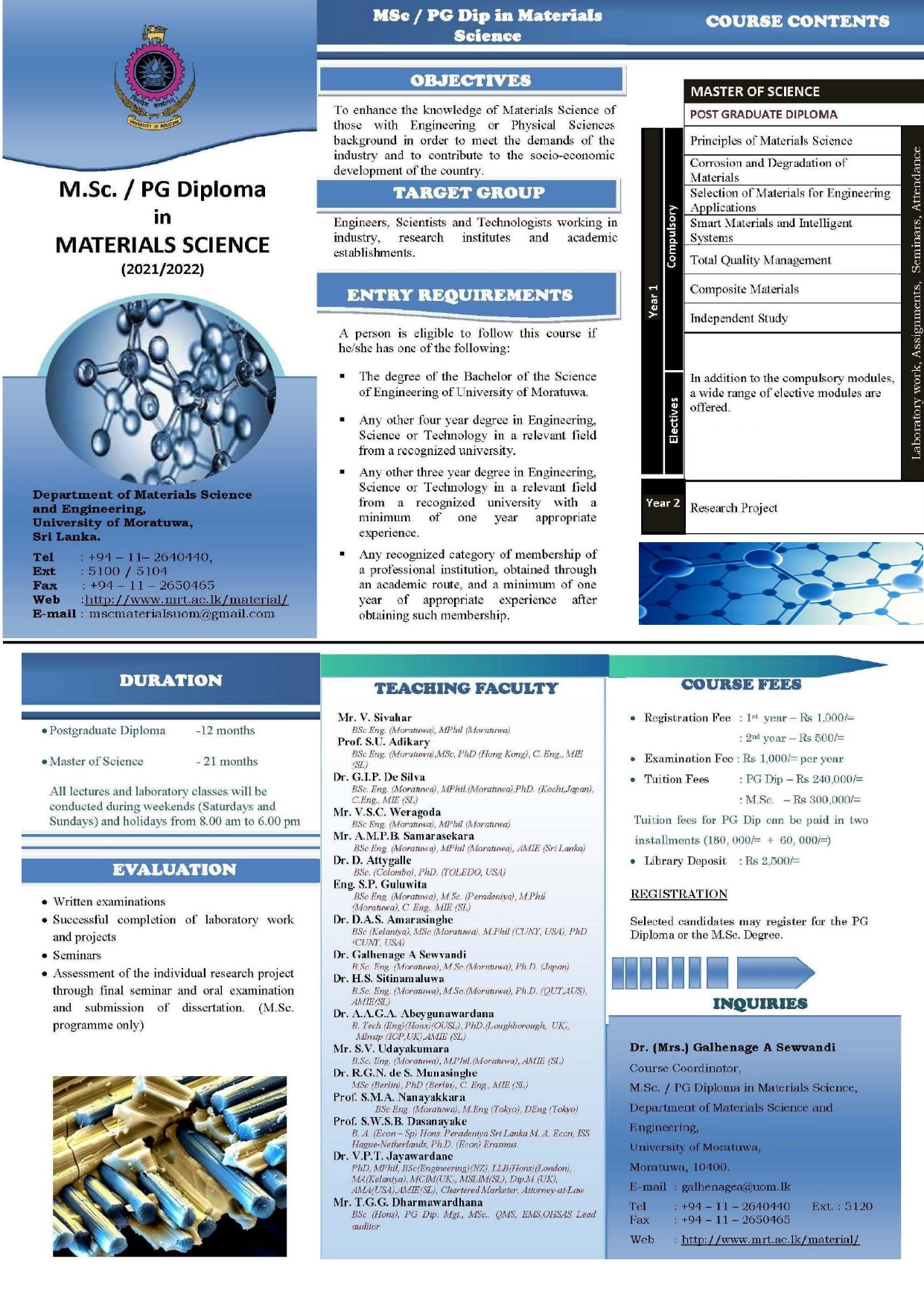 MSc/PG Diploma in Materials Science 2021/2022