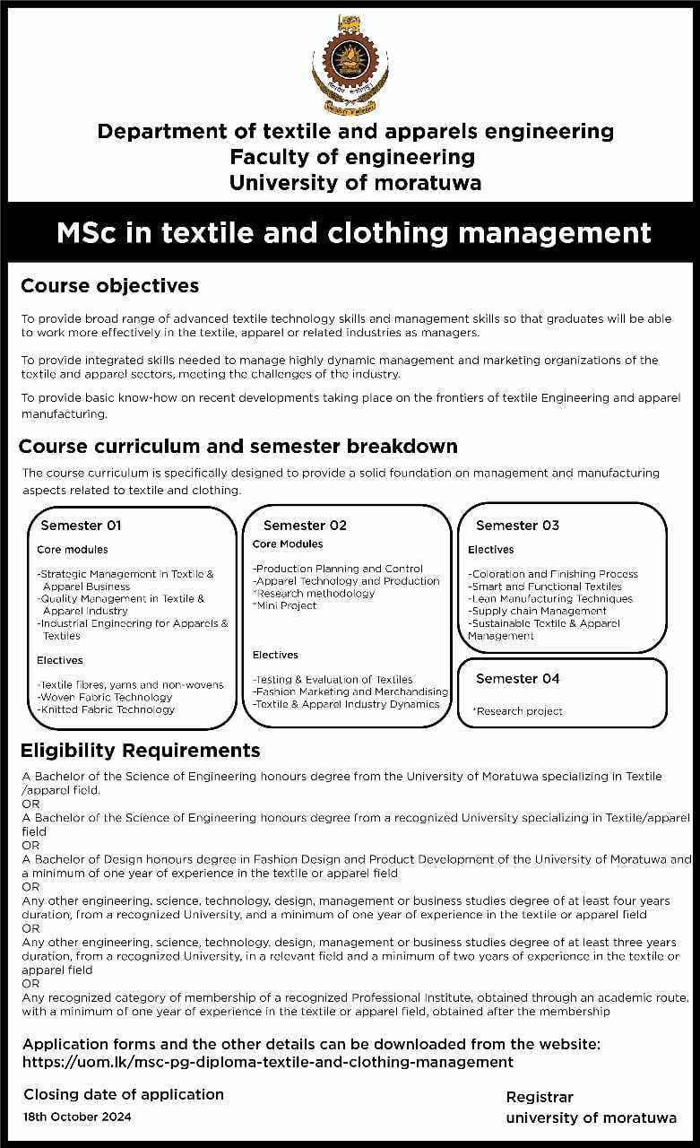 M.Sc./PG. Diploma in Textile and Clothing Management