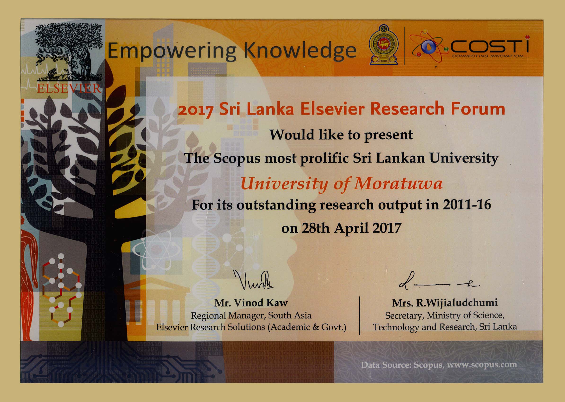 Most prolific Sri Lankan University for outstanding research output (2011-2016)