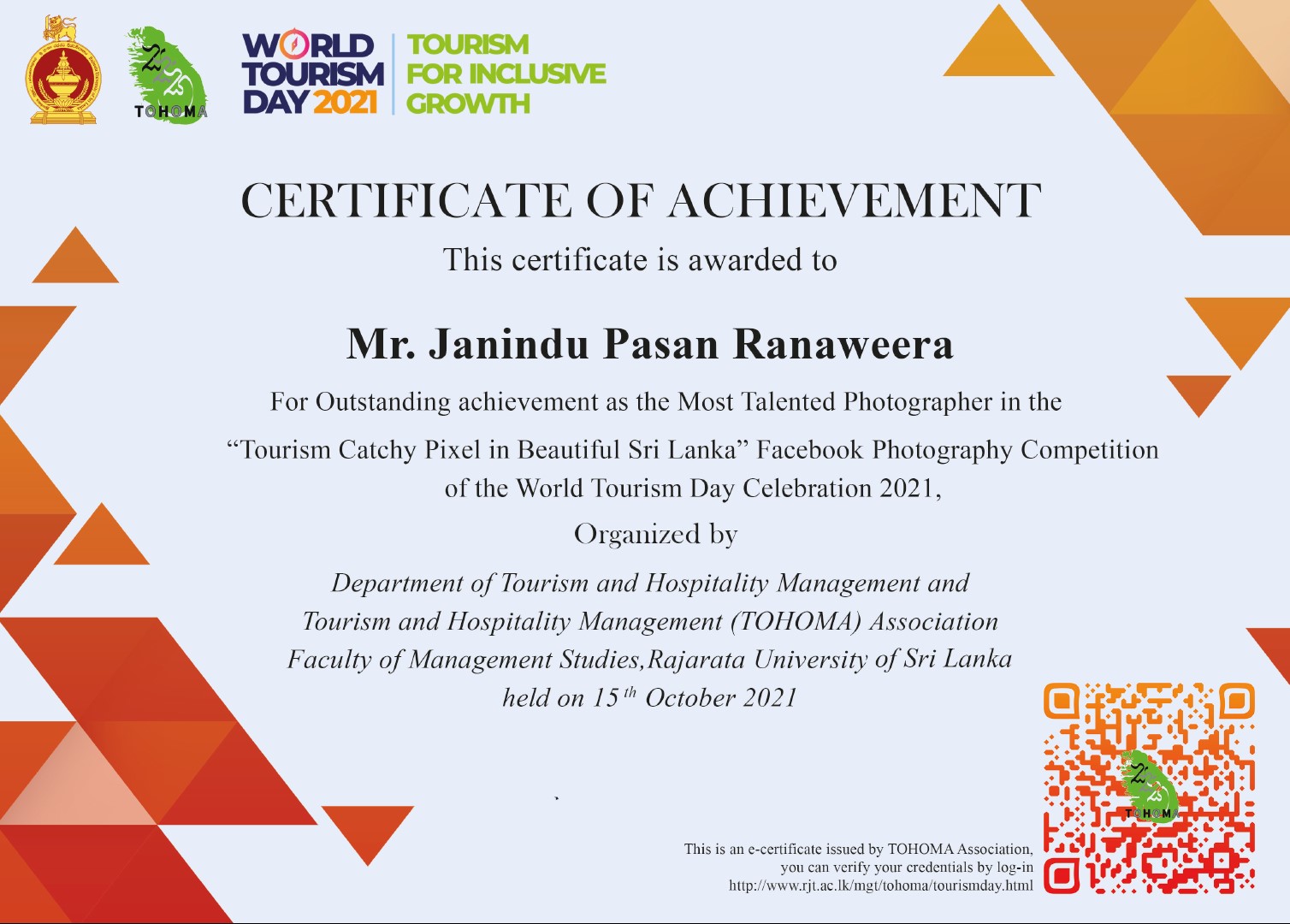 Janindu Pasan Ranaweera wins the award for Most Talented Photographer