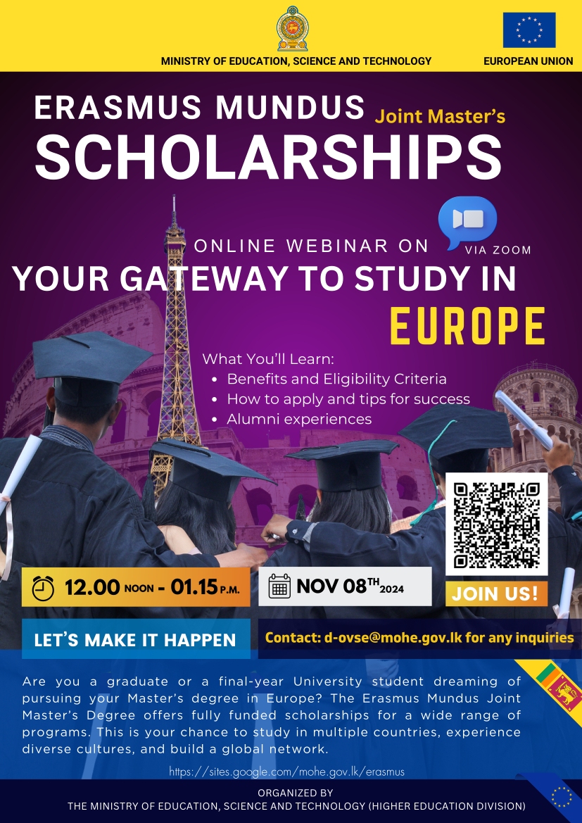 Erasmus Mundus Scholarship webinar organized by the Ministry of Education, Science, and Technology (Higher Education Division) in Sri Lanka