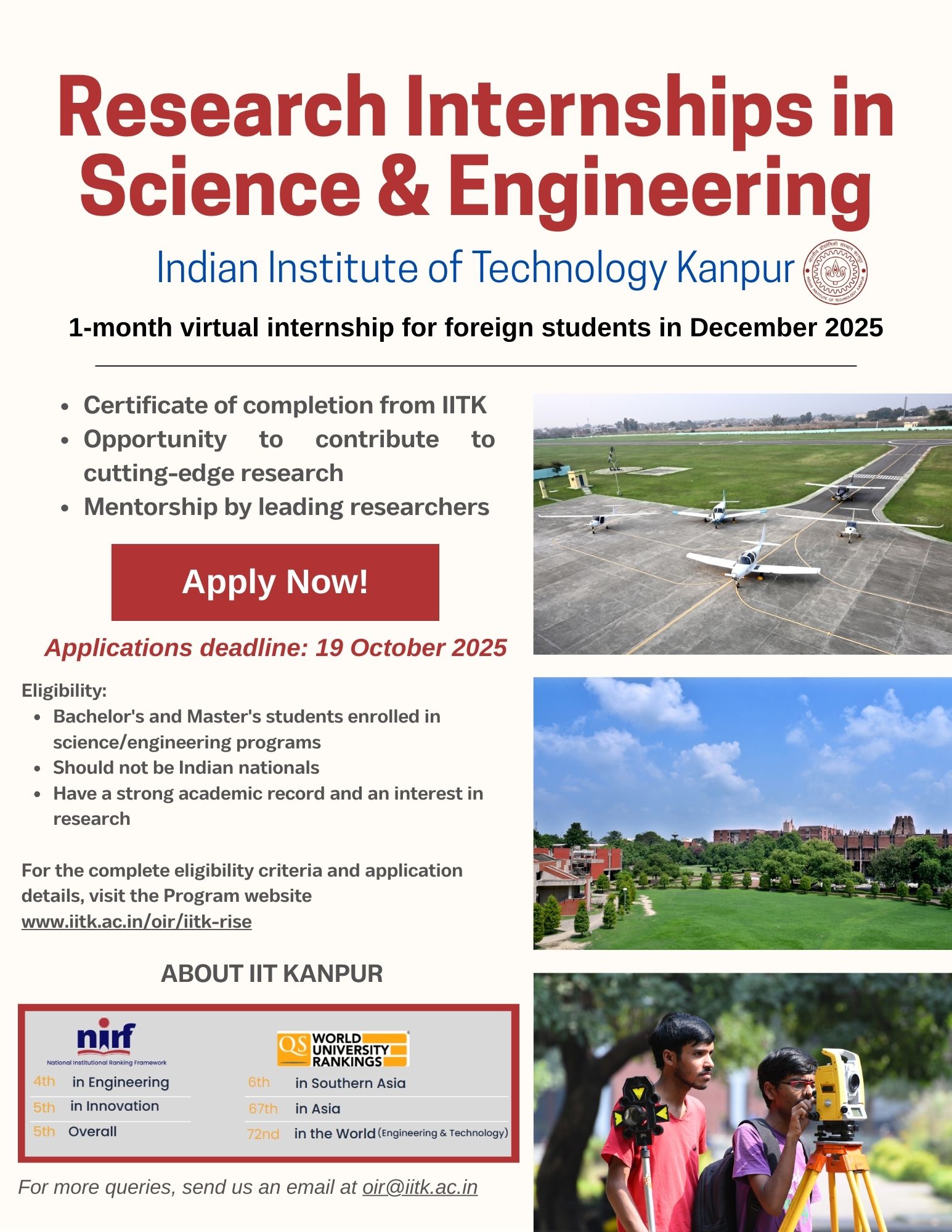 IIT Kanpur Launches IITK-RISE 2025–26: Research Internships in Science & Engineering for International Students