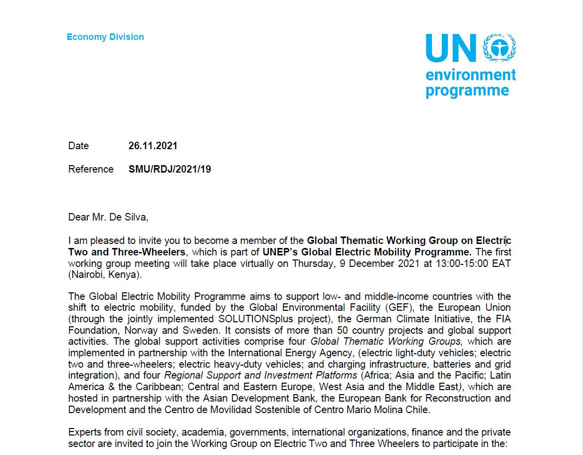 Mr. SASIRANGA DE SILVA APPOINTED TO THE UNEP TECHNICAL COMMITTEE OF THE GLOBAL ELECTRIC MOBILITY PROGRAMME