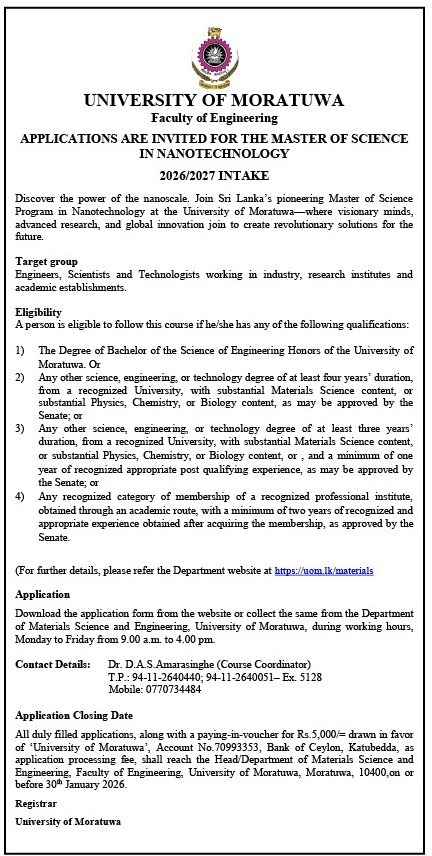 M.Sc. Nanotechnology Newspaper Advertisement