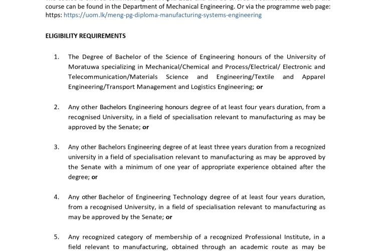 M.Sc./Master/PG. Diploma in Manufacturing Systems Engineering